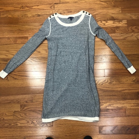 Gap XS grey, cotton crewneck long sleeve dress with cream trim Previously owned. - Picture 1 of 3
